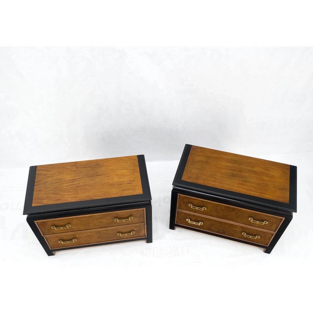 Wood Burl Wood Black Lacquer Solid Brass Drop Pull 2 Drawer Night Stands - A Pair For Sale - Image 7 of 12