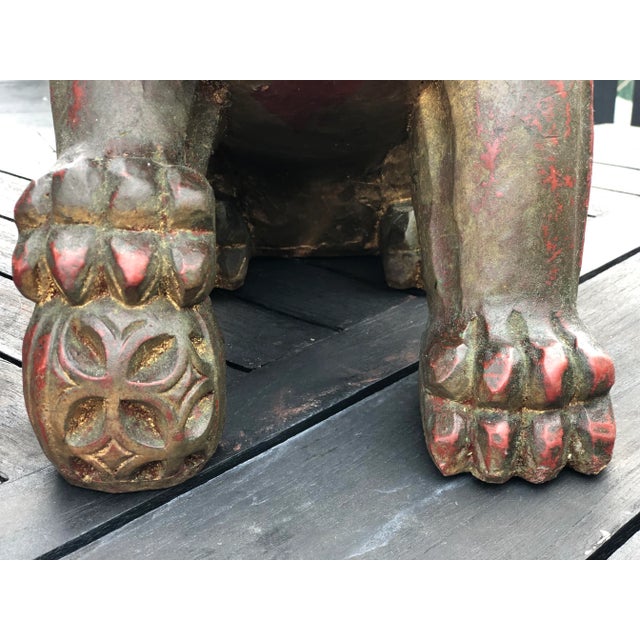 Wood Antique Asian Chinese Carved Wood Foo Dog Figures- A Pair For Sale - Image 7 of 11