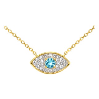 Late 20th Century 14K Yellow Gold Blue Topaz Diamond Evil Eye Necklace Estate For Sale