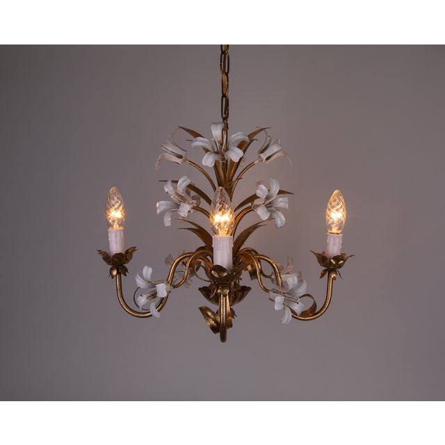 Gilt Chandeliers with White Enamel Lily Flowers, 1950s For Sale - Image 4 of 8