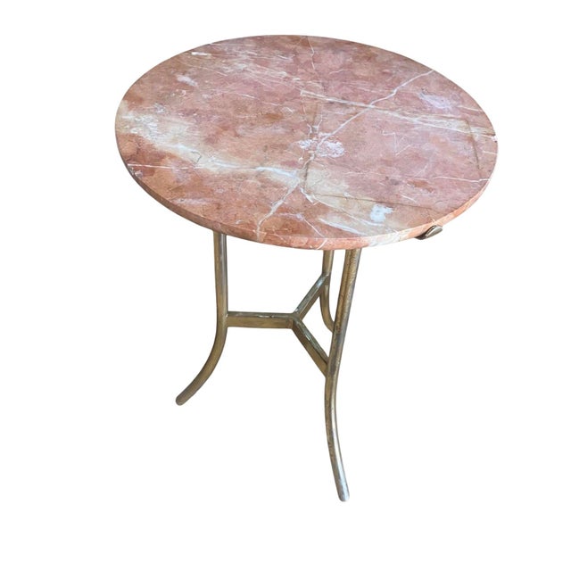 Pink Vintage Pink Marble and Brass Tripod Side Table in the Style of Cedric Hartman Mid Century Modern Gueridon For Sale - Image 8 of 11