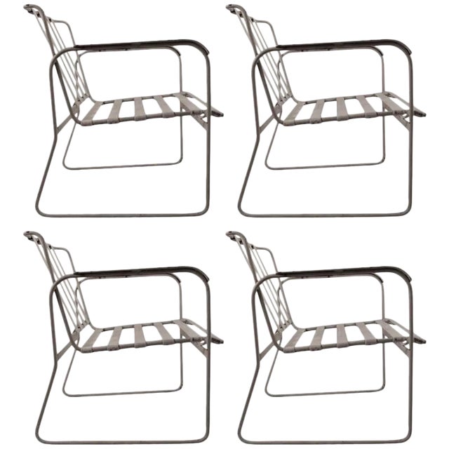 Set of Four Wrought Iron and Plastic Strap Garden Patio Chairs For Sale