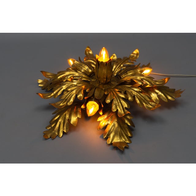 Metal Gilt Metal Leafed Sunburst-Shaped Four-Light Flush Mount, 1970s For Sale - Image 7 of 18