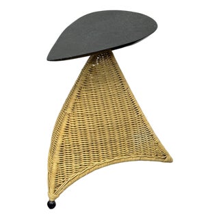 Post Modern Marble + Wicker Side Table For Sale
