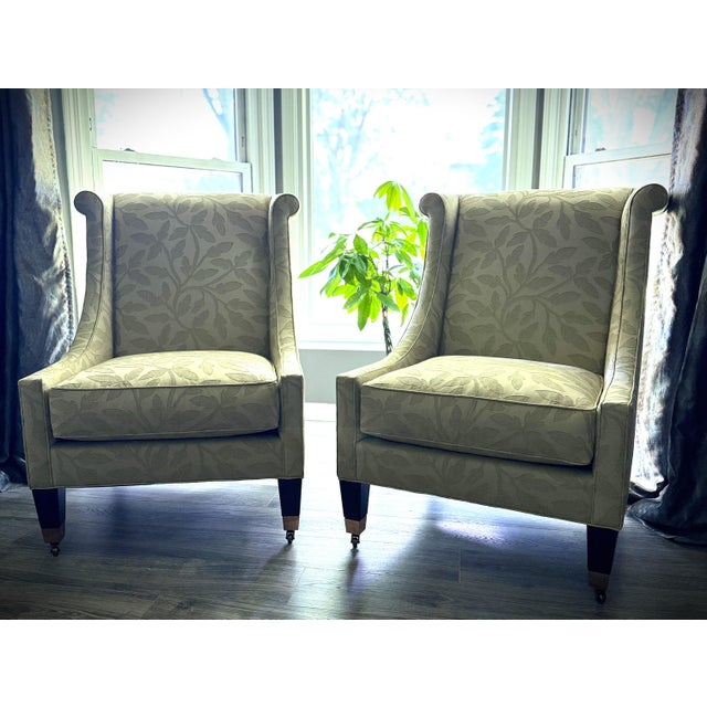 This elegant Pearson Wingback pair with front-leg casters, are custom upholstered pieces made in 2012, in like new...