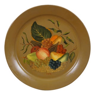Mid 20th Century Helen McRae Round Hand Painted Fruit Basket Toleware Tray Charger For Sale