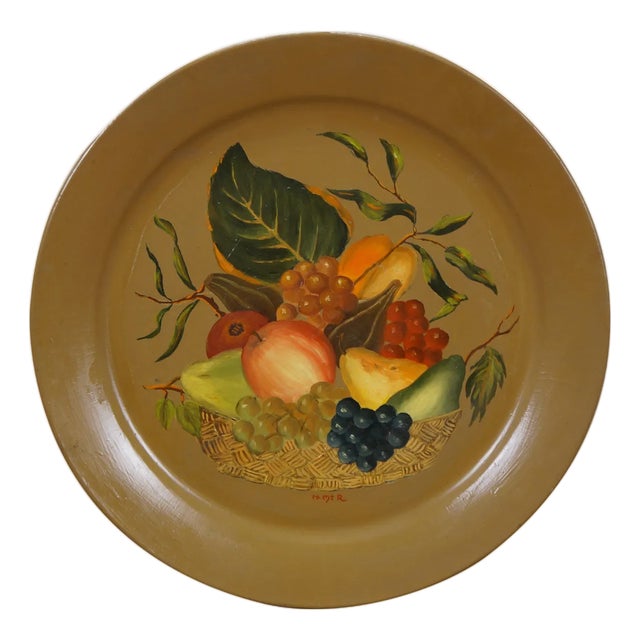 Mid 20th Century Helen McRae Round Hand Painted Fruit Basket Toleware Tray Charger For Sale