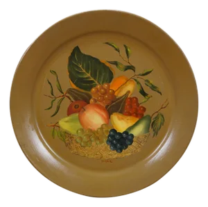 Mid 20th Century Helen McRae Round Hand Painted Fruit Basket Toleware Tray Charger