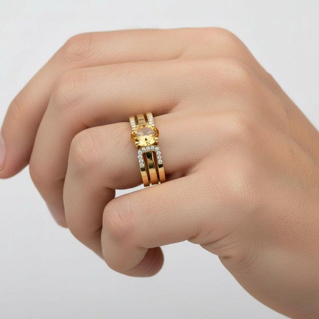 Modern Split Shank Oval Citrine Engagement Silver, Gold Ring, Size 9.5 For Sale - Image 3 of 7