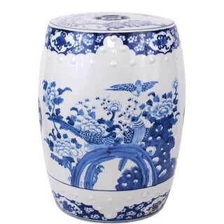 Chinoiserie Porcalain Blue and White Birds and Flowers Garden Stool For Sale