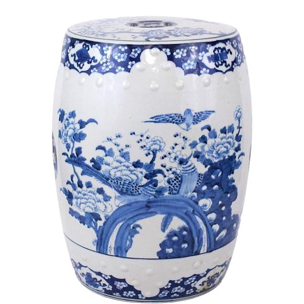 Chinoiserie Porcalain Blue and White Birds and Flowers Garden Stool For Sale
