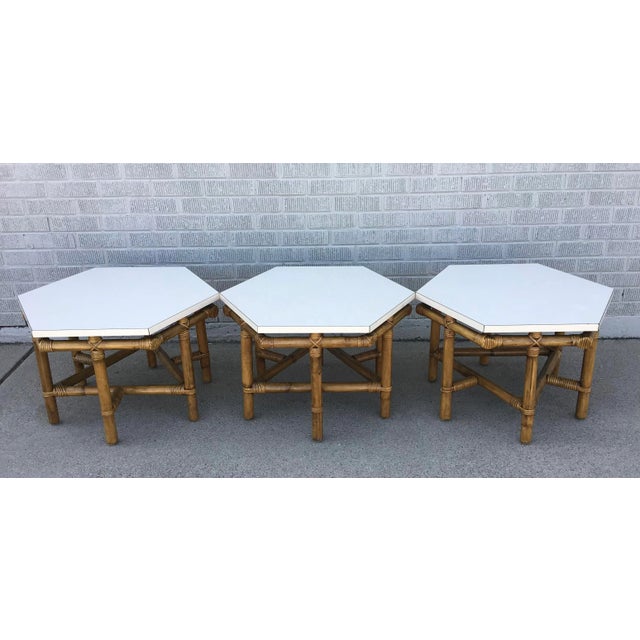 Mid 20th Century John Wisner for Ficks Reed Hexagonal Coffee Tables - Set of 3 For Sale - Image 11 of 12