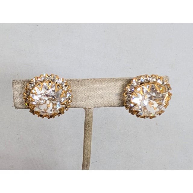 1950s Vintage Signed 1950s Hattie Carnegie Round Goldtone Clear Rhinestone Clip Earrings-2 Pieces For Sale - Image 5 of 7