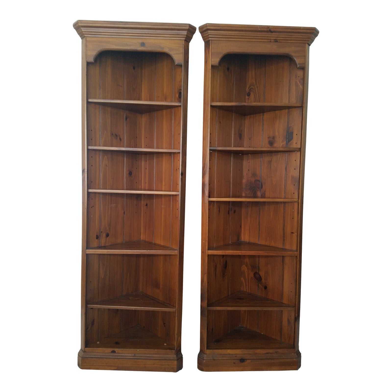 1980s Vintage Ethan Allen Colonial Pine Corner Bookshelves a Pair