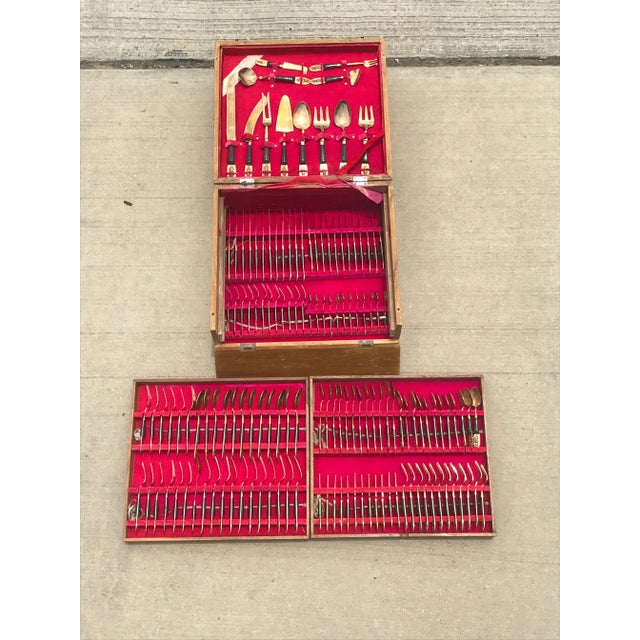 Wood 1950s Rosewood and Brass Siam Flatware Boxed Set - Service for 12, 144-Pieces For Sale - Image 7 of 12