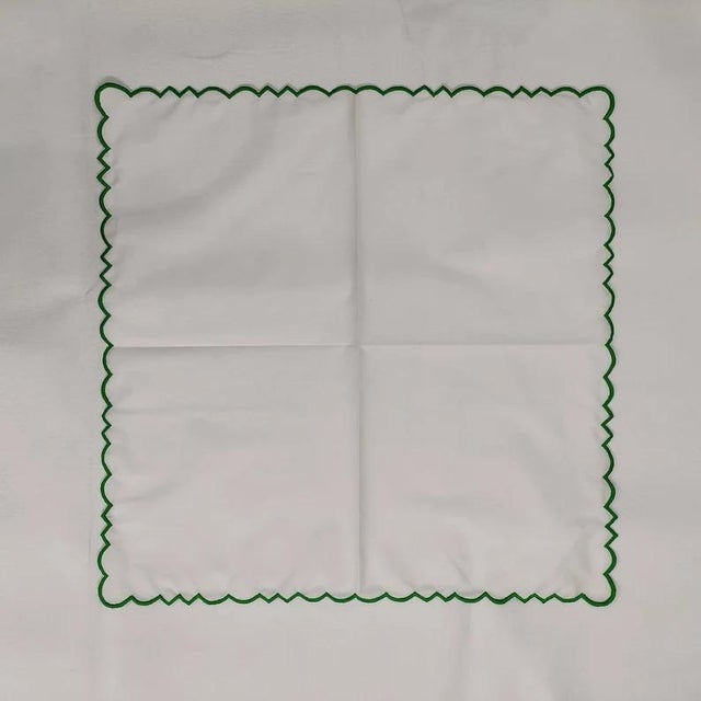 Textile Scalloped White Napkins with Kelly Green Embroidered Trim - Set of 4 For Sale - Image 7 of 9