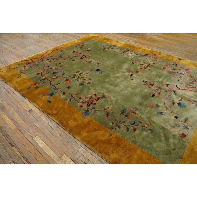 1920s Calming Green Background Wiht Soft Spray Florid Color Antique Chinese Art Deco Rug by Nichols Workshop For Sale - Image 5 of 12