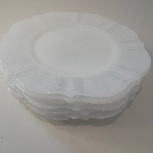 Vintage 1930s Macbeth-Evans American Sweetheart Monax White Opalescent Glass Floral Embossed Dessert Plates, Set of 7 For Sale - Image 9 of 9