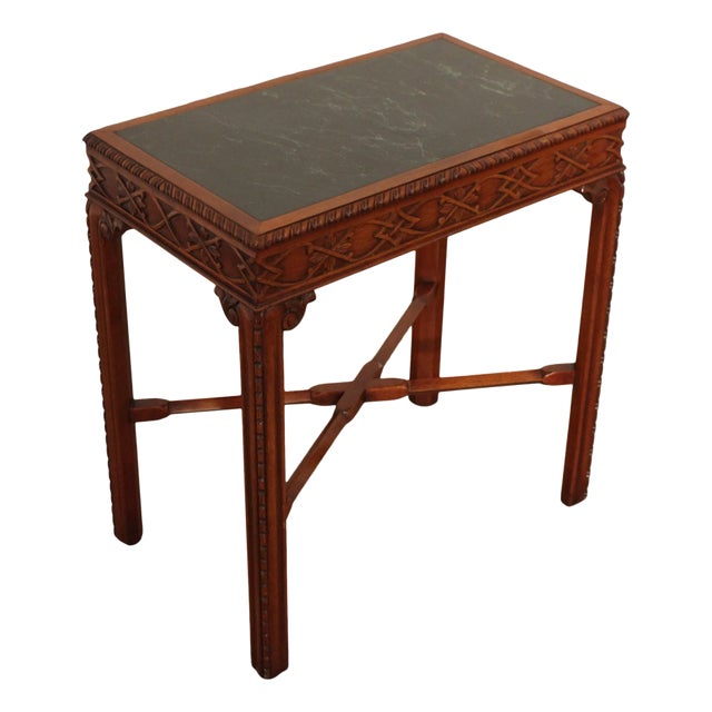 Chinese Chippendale Style Marble Top Mahogany Accent Table For Sale