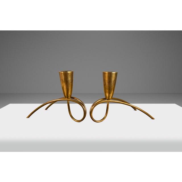 Mid-Century Modern Set of 2 Mid-Century Modern Bauhaus Solid Brass Candlestick Holders Attributed to Günter Kupetz, Germany, Circa 1950s For Sale - Image 3 of 12