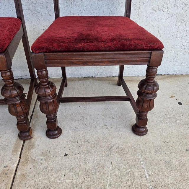 Antique English Oak Tudor Jacobean Dining Chairs 1930's Set of 4 For Sale - Image 14 of 18
