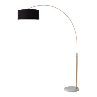 1960s Adjustable Floor Lamp - 92" Mid Century Modern Arc Lamp, Weathered Brass, White Marble Base, Black Linen Shade, Dimmable For Sale