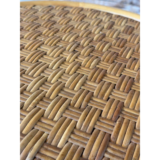 Wood Vintage Boho Organic Modern Drum Form Rattan Side Table With Woven Top For Sale - Image 7 of 11