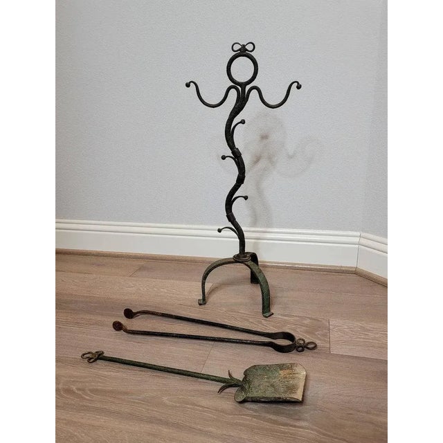 Metal Antique French Art Deco Period Wrought Iron Fireplace Set - Tools Andirons Firescreen For Sale - Image 7 of 11