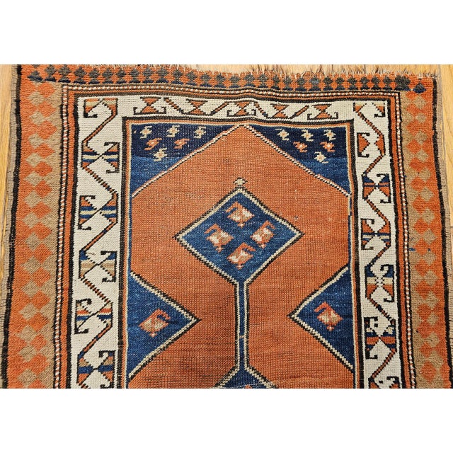 19th Century Persian Kurdish Runner Rug, Hand-Knotted Wool, Geometric Medallion Pattern, Terracotta & Navy, 3x12 For Sale - Image 11 of 16