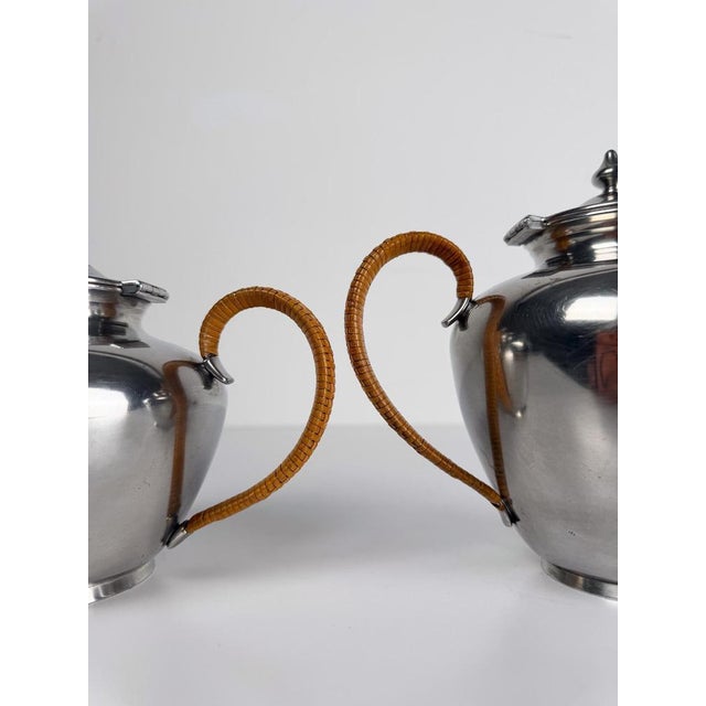 Mid-20th Century Pewter Tea Set with Rattan Wrapped Handlers from Gras et Etienne, 1950s, Set of 3 For Sale - Image 12 of 18