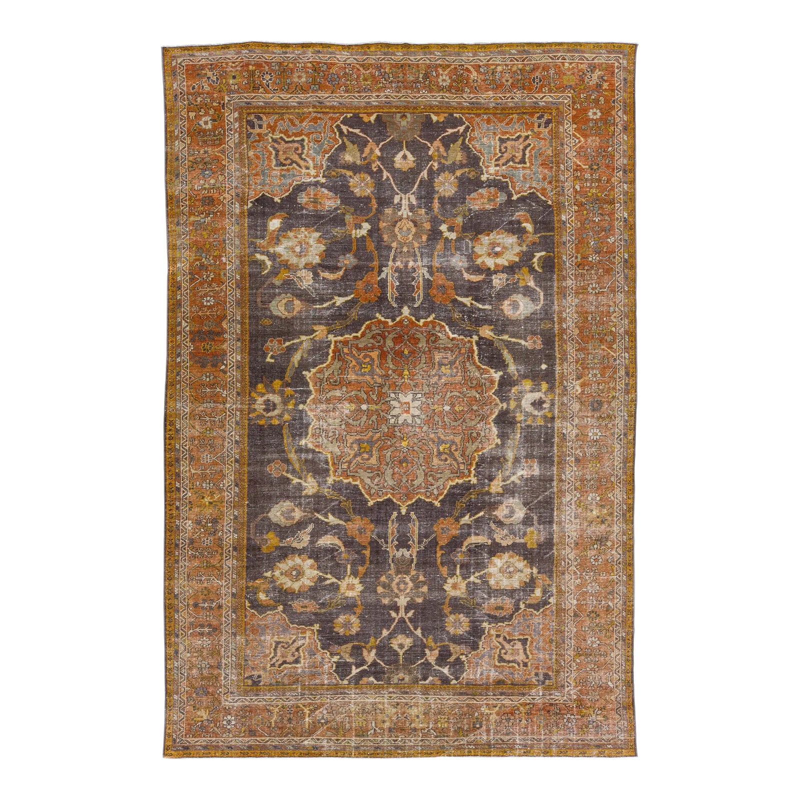 1900s Antique Persian Mahal Handmade Grey & Orange Wool Rug With ...