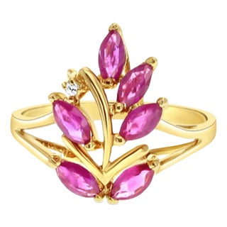 Marquise Ruby Floral Cluster Ring 14k Yellow Gold, Size 4 For Sale