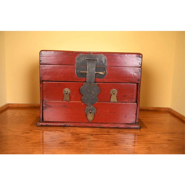 Chinese Antique Chinese Red Lacquered Wooden Chest For Sale - Image 3 of 11