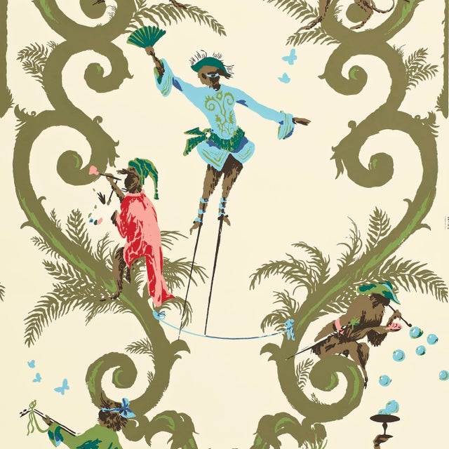 Sample - Schumacher Singeries Wallpaper in Multi on White For Sale