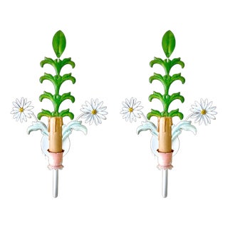Floral Daisy Wall Lights in Hand-Painted Tole Metal, Italy, 1960s, Set of 2 For Sale