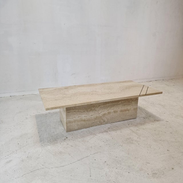 Rectangle Travertine Coffee or Side Table with Brass, Italy, 1980s For Sale - Image 4 of 18