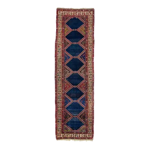 1900s Antique Shirvan Runner Diamond Design Navy Blue Hand Knotted Wool Low Pile Runner - 4’1” X 14’