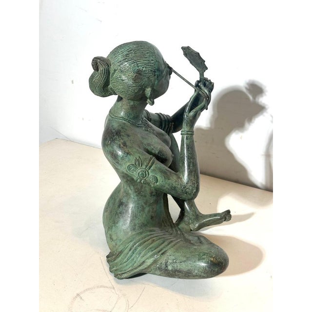 Patinated Bronze Seated Woman with Mirror Figurine For Sale - Image 3 of 5