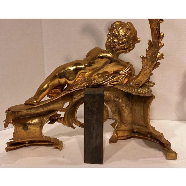 Metal Figural Louis XV Style Cherub Motif Ormolu Bronze Andirons - A Pair For Sale - Image 7 of 13