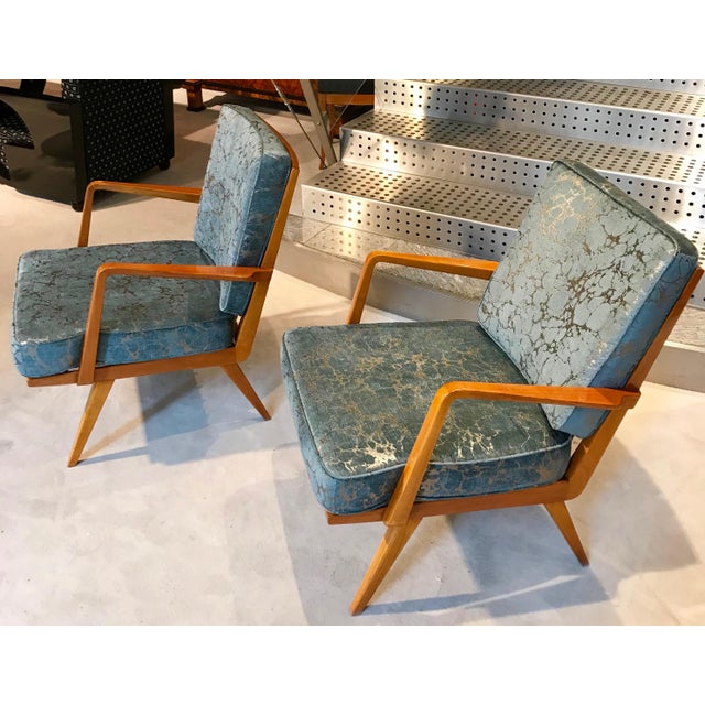 Lounge Chairs in Cherry Wood & Blue-Silver Fabric from Knoll, Germany, 1950s, Set of 2 For Sale - Image 6 of 8