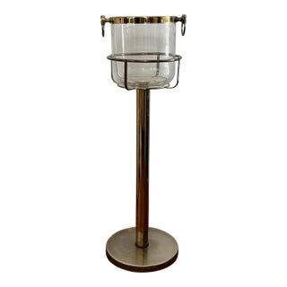 Mid Century Italian Regency Glass Ice Bucket & Brass Stand Champagne Chiller For Sale