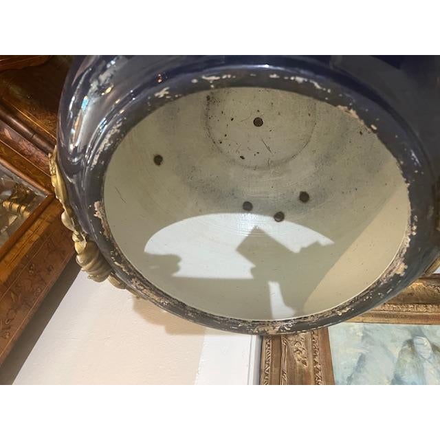 Antique Ceramic Blue Vase on Stand With Brass Motifs For Sale - Image 4 of 7