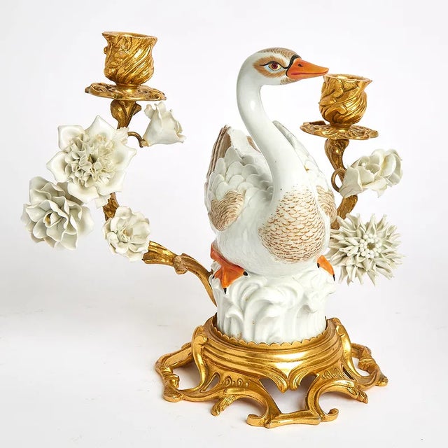 1950s Pair of Mottahedeh Porcelain Swan-Form Two-Light Candelabra For Sale - Image 5 of 5