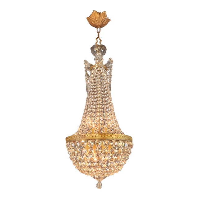 Antique Italian Empire Style Crystal Montgolfière Chandelier in Brass Basket For Sale