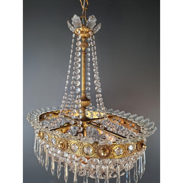 Antique Oval Empire Style Crystal Chandelier Brass Neoclassical Light Restored For Sale - Image 9 of 15