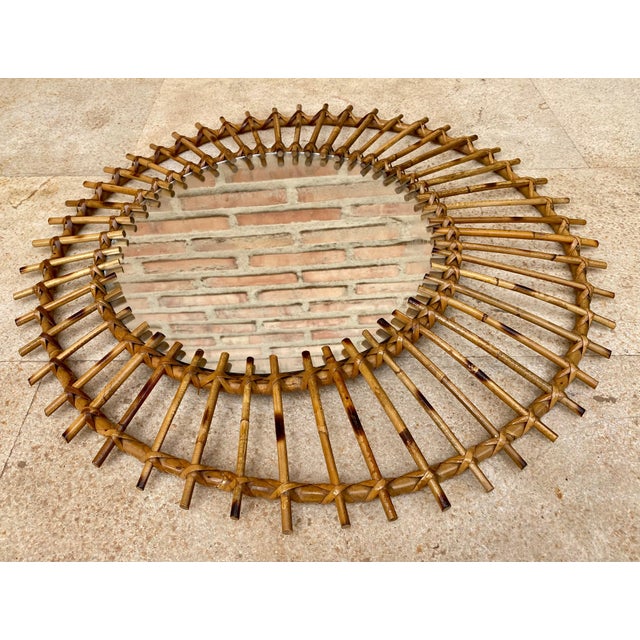Mid Century Spanish Sunburst Or Flower Shaped Mirror In Rattan For Sale - Image 4 of 6