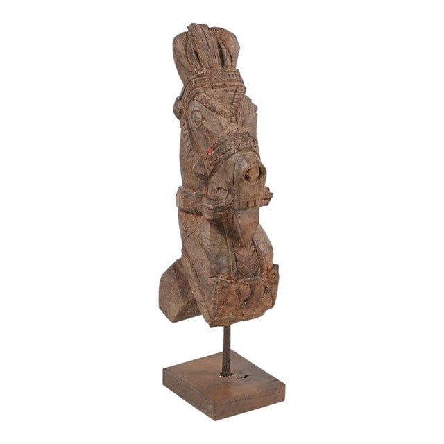 Antique Indian Carved Teakwood Horse Head Corbel on Stand For Sale