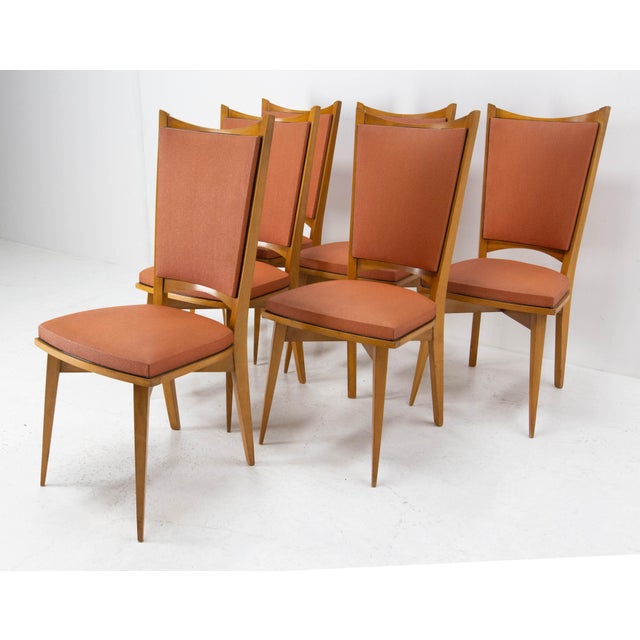 Mid-Century Dining Chairs in Beech and Red Moleskine, France, 1950s, Set of 6 For Sale - Image 8 of 13
