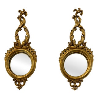 Antique Regency Style Giltwood Convex Girandole Wall Mirrors, 1920, Set of 2 For Sale