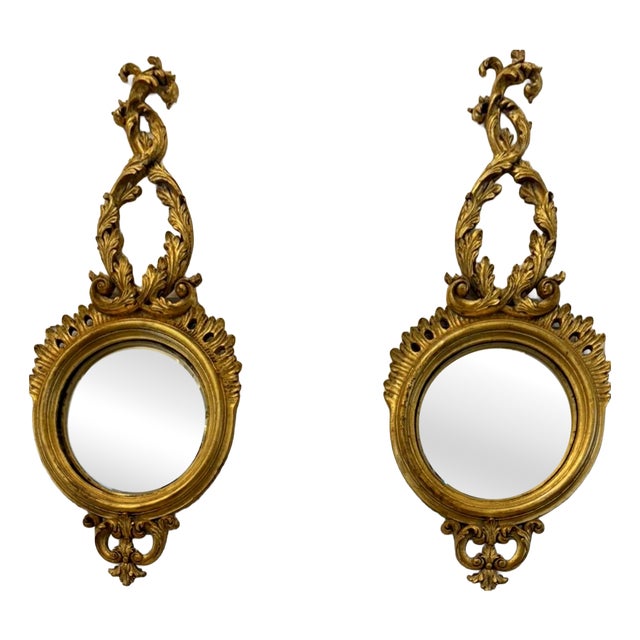 Antique Regency Style Giltwood Convex Girandole Wall Mirrors, 1920, Set of 2 For Sale